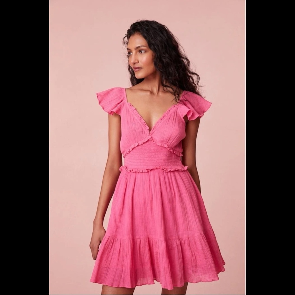 LoveShackFancy NWT‎ Ivella Pink Flutter Sleeve Mini Dress